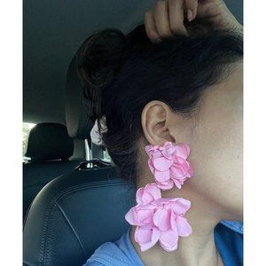 Light pink earring long light pink rose big large baby pink floral flower gold